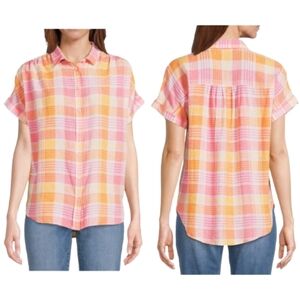 Time & Tru Button-up Plaid Blouse Orange Pink Linen Blend